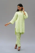 Pista Green Linen Ensemble: Exquisite Lucknowi Chikankari Craftsmanship