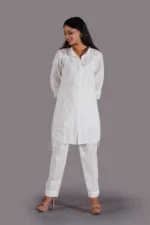 Srajann Hand Embroidered White Linen Lucknowi Chikankari Co-Ord Set (WHSL16) - Image 4