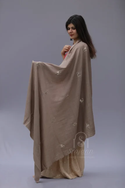 "Embroidered Warm Ivory Lucknowi Chikankari Unisex Pashmina Shawl"