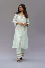 Srajann Hand Embroidered Light Blue Linen Lucknowi Chikankari Co-Ord Set (WHSL12) - Image 5
