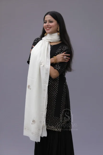 "Warm Off White Lucknowi Chikankari Unisex Pashmina Shawl"