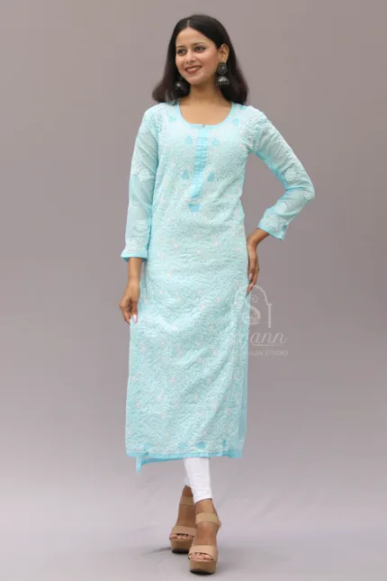 Hand-embroidered blue cotton garment featuring intricate Lucknowi Chikankari work in a straight fit design for women. Showcases delicate patterns on the fabric, highlighting traditional Indian craftsmanship.