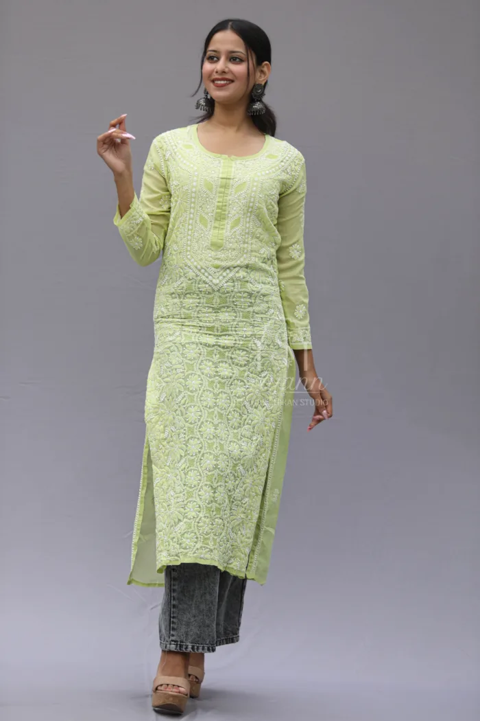 Srajann Hand Embroidered Green Cotton Lucknowi Chikankari Straight Ladies Kurti - Embrace traditional elegance with intricate hand embroidery and vibrant green cotton fabric