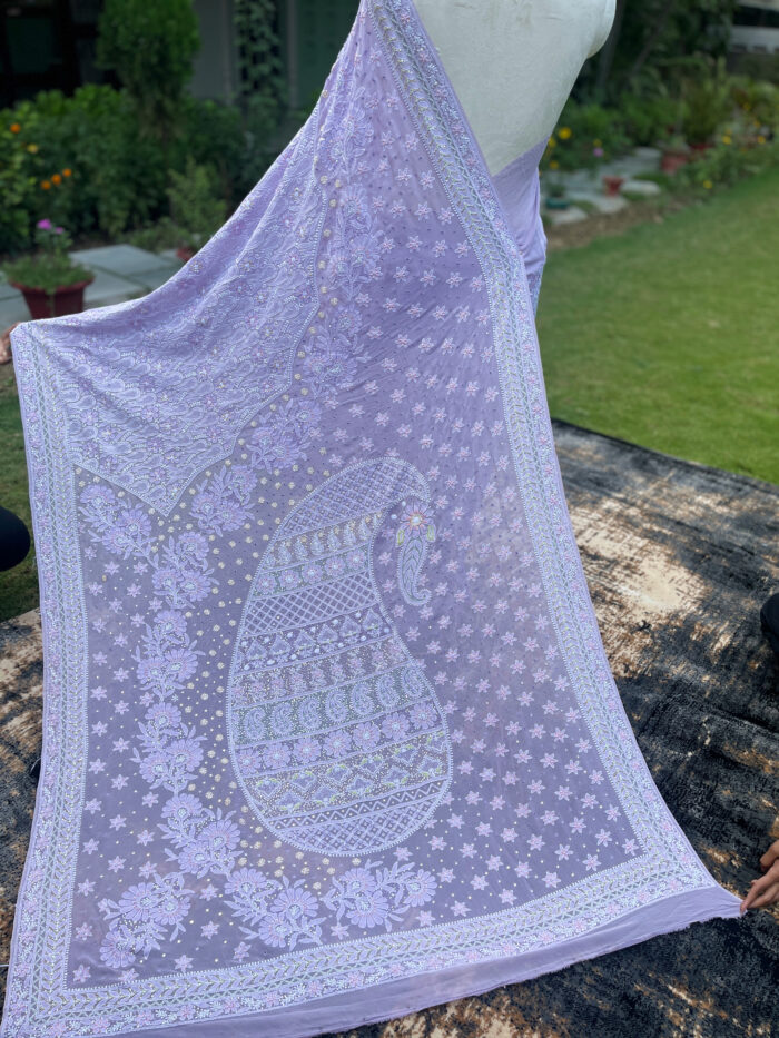 Srajann Hand Embroidered Mauve Color Pure Georgette Lucknowi Chikankari Saree With Blouse(SLC6067) - Image 2