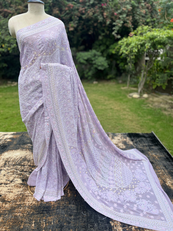 Srajann Hand Embroidered Mauve Color Pure Georgette Lucknowi Chikankari Saree With Blouse(SLC6067) - Image 1