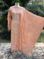 Srajann Hand Embroided Fawn Tissue Lucknowi Chikankari Unstitched Kurta Dupatta Set - Image 3