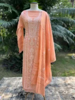 Srajann Hand Embroided Fawn Tissue Lucknowi Chikankari Unstitched Kurta Dupatta Set