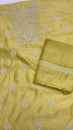 GOLDEN YELLOW CHANDERI SILK CHIKANKARI KURTA & DUPATTA FABRIC - Image 6