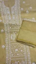 LIGHT CARAMEL CHANDERI MUL CHIKANKARI KURTA & DUPATTA FABRIC - Image 6