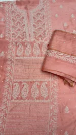 BLUSH CORAL CHANDERI SILK CHIKANKARI KURTA & DUPATTA FABRIC - Image 6