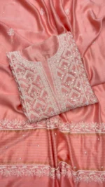 BLUSH CORAL CHANDERI SILK CHIKANKARI KURTA & DUPATTA FABRIC
