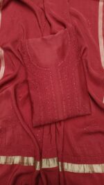 CARMINE RED CHANDERI SILK CHIKANKARI & MUKAISH KURTA & DUPATTA FABRIC