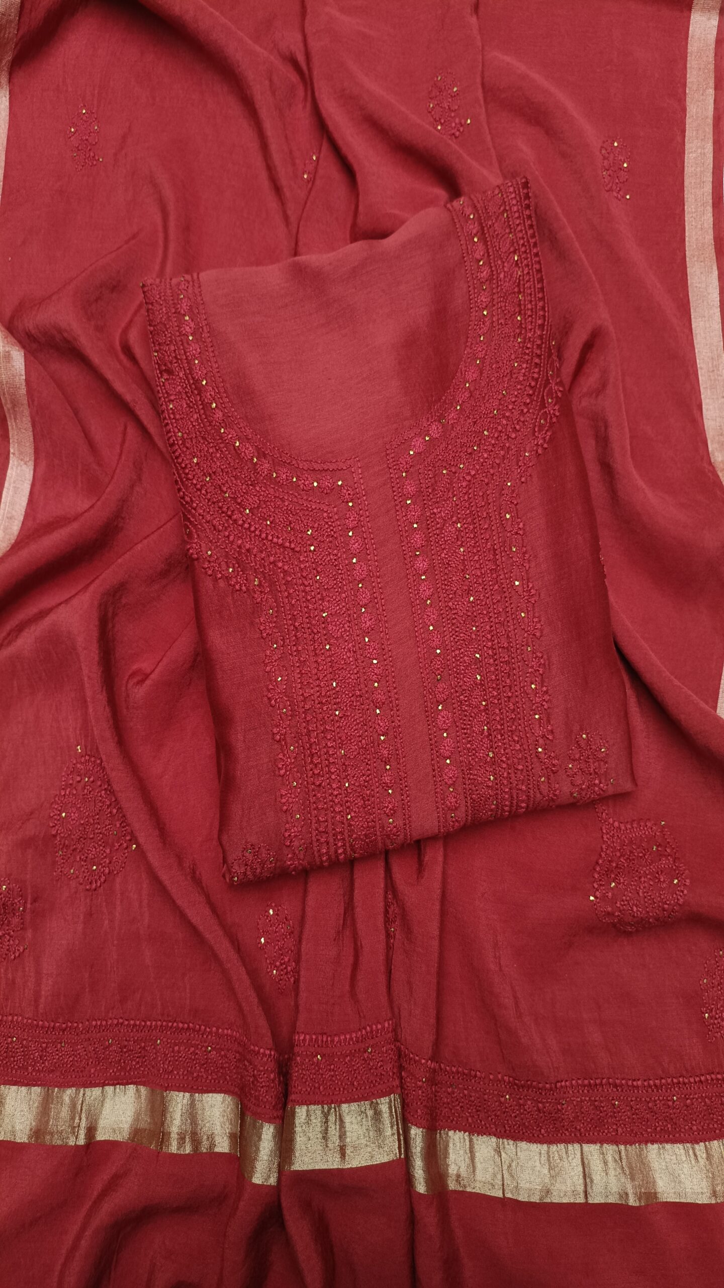 14 CARMINE RED CHANDERI SILK CHIKANKARI & MUKAISH KURTA & DUPATTA FABRIC - Image 1