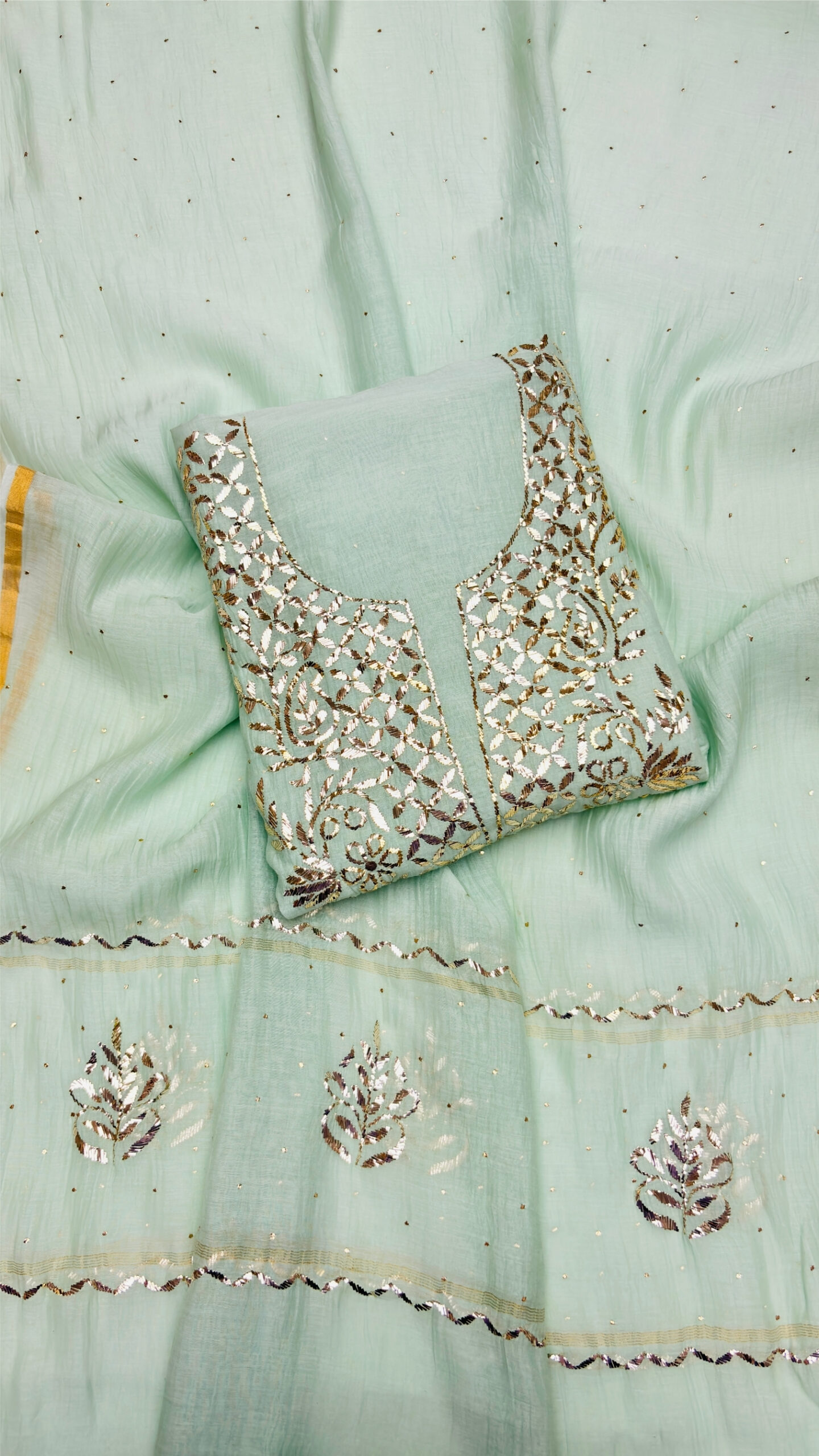 3.7 MINT GREEN CHANDERI MUL MUKAISH KURTA & DUPATTA FABRIC - Image 1