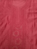 CARMINE RED CHANDERI SILK CHIKANKARI & MUKAISH KURTA & DUPATTA FABRIC - Image 3