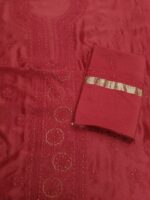 CARMINE RED CHANDERI SILK CHIKANKARI & MUKAISH KURTA & DUPATTA FABRIC - Image 6
