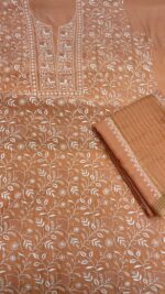 PEACHISH ORANGE CHANDERI MUL CHIKANKARI KURTA & DUPATTA FABRIC SET - Image 6