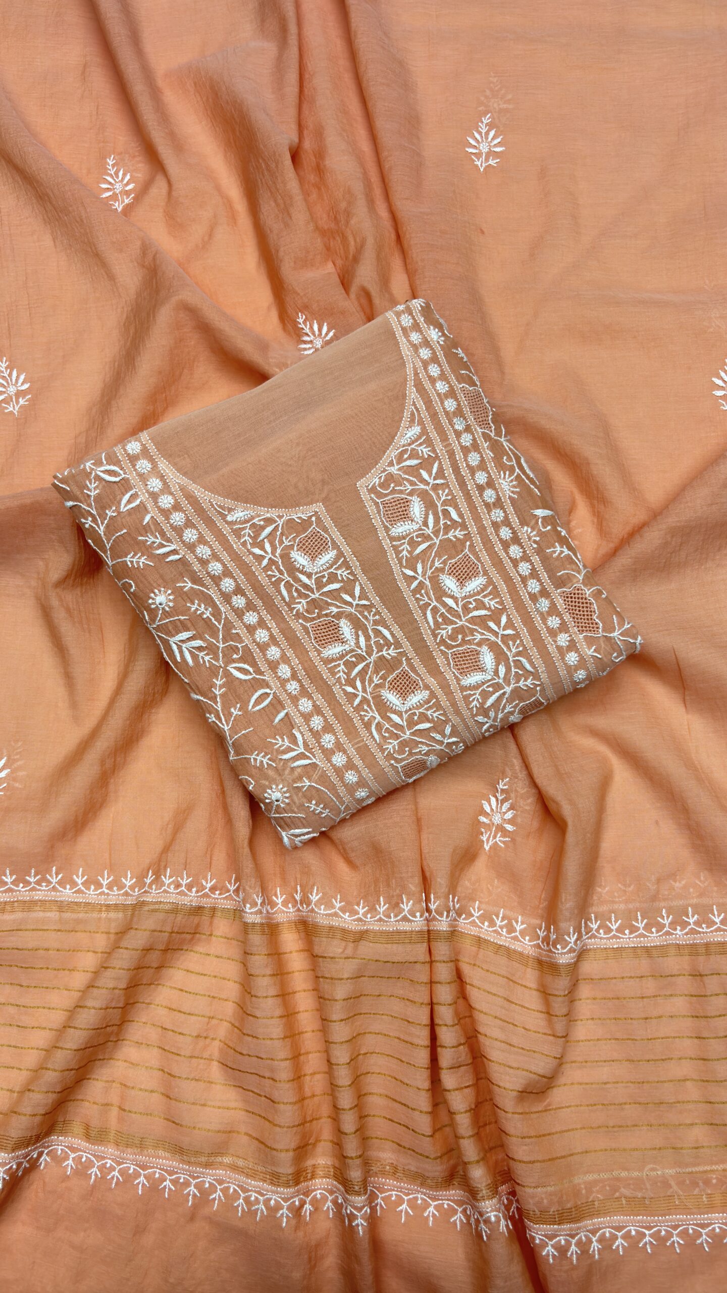 IMG_7011.JPG PEACHISH ORANGE CHANDERI MUL CHIKANKARI KURTA & DUPATTA FABRIC SET - Image 1