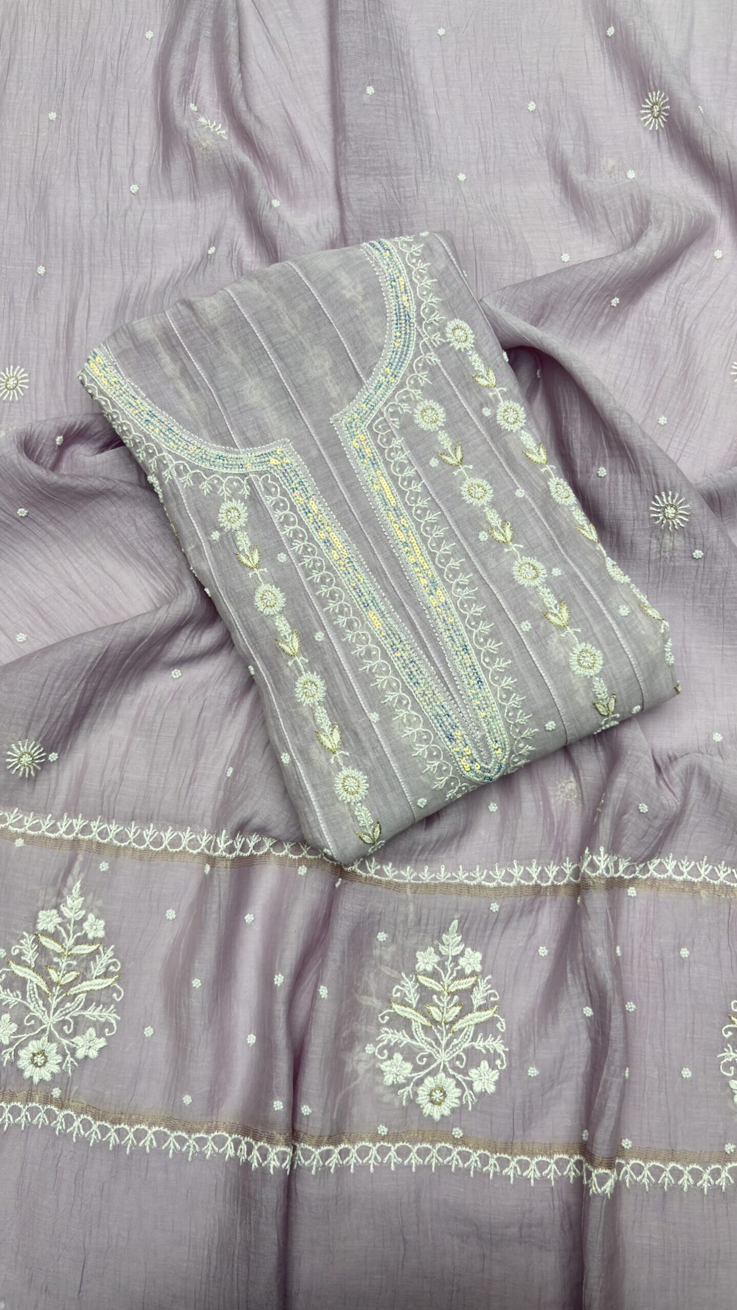 IMG_7018.JPG LILAC CHANDERI MUL CHIKANKARI ANARKALI & DUPATTA SET - Image 1