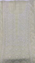 LIME GREEN CHANDERI MUL CHIKANKARI ANARKALI & DUPATTA SET - Image 3