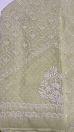 LIME GREEN CHANDERI MUL CHIKANKARI ANARKALI & DUPATTA SET - Image 4