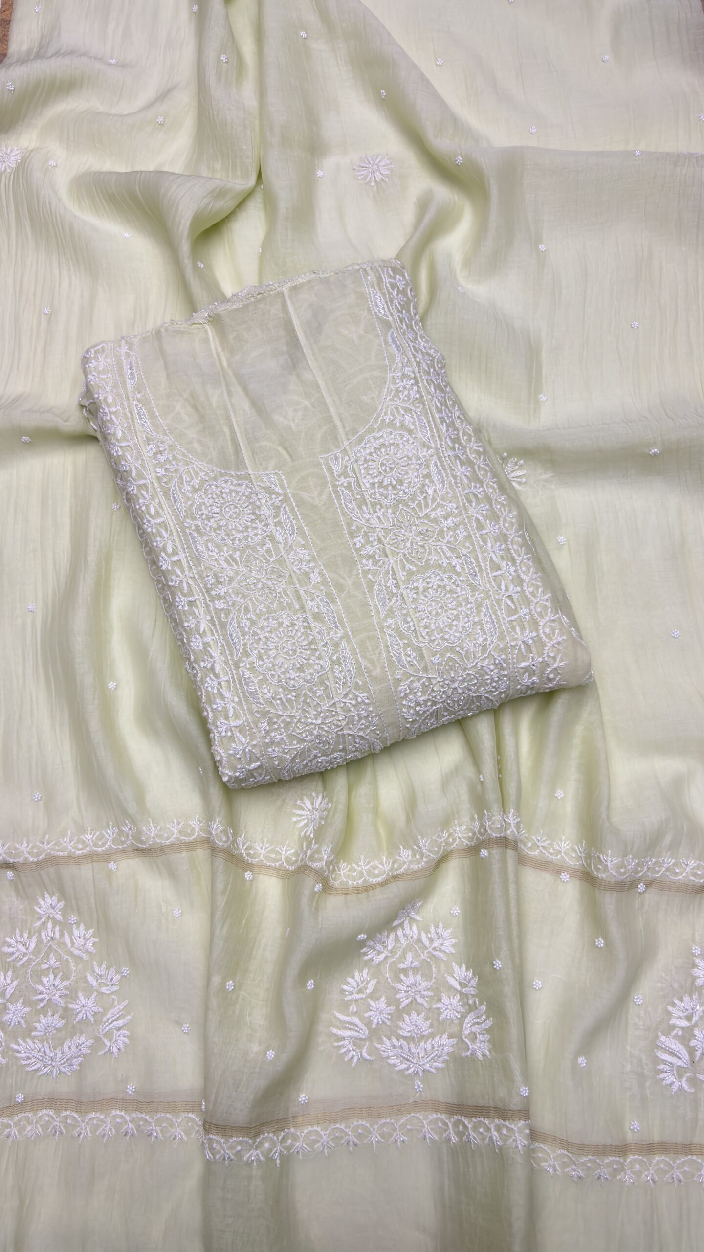 IMG_7030.JPG LIME GREEN CHANDERI MUL CHIKANKARI ANARKALI & DUPATTA SET - Image 1