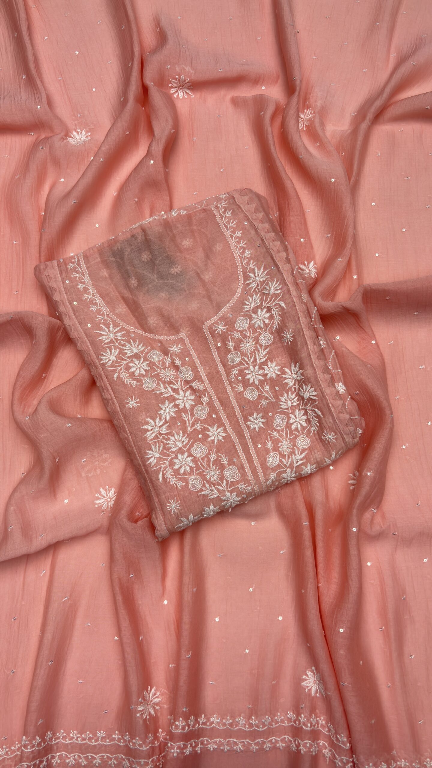 IMG_7079.JPG ROSE PINK CHANDERI MUL CHIKANKARI KURTA & DUPATTA SET - Image 1