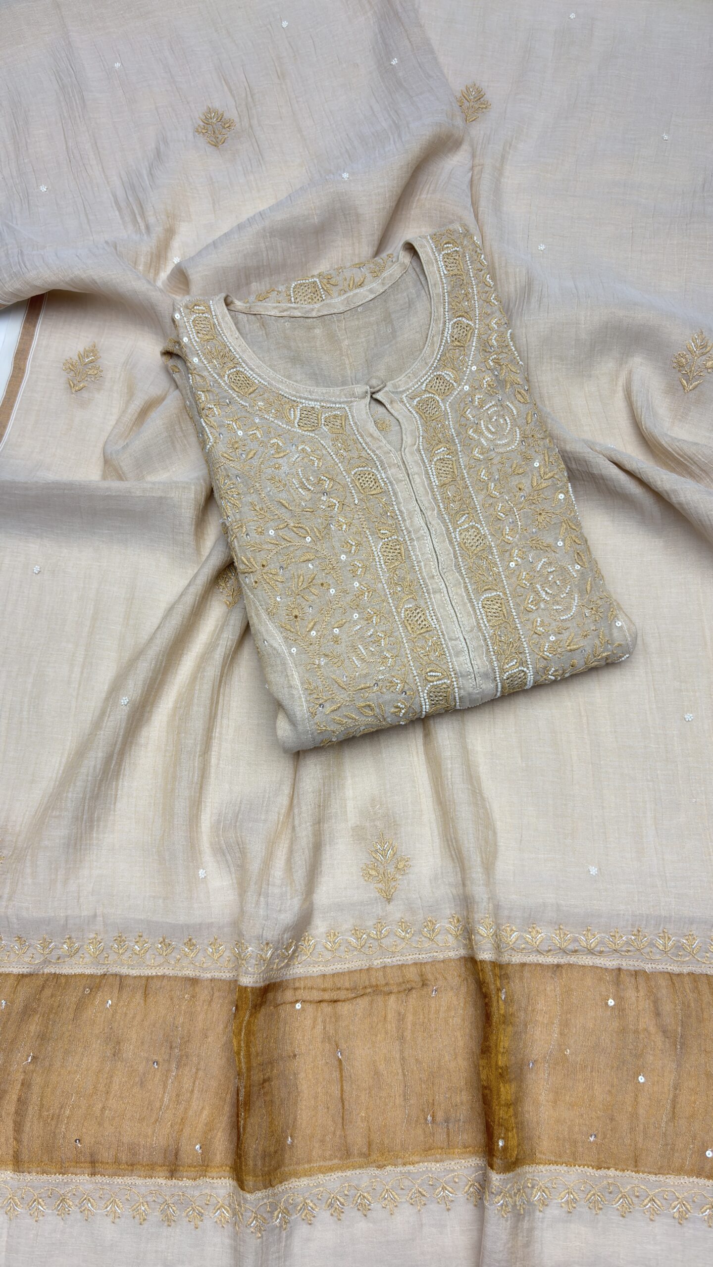 IMG_7101.JPG DYEABLE PURE & PREMIUM TISSUE CHIKANKARI KURTA & DUPATTA SET - Image 1
