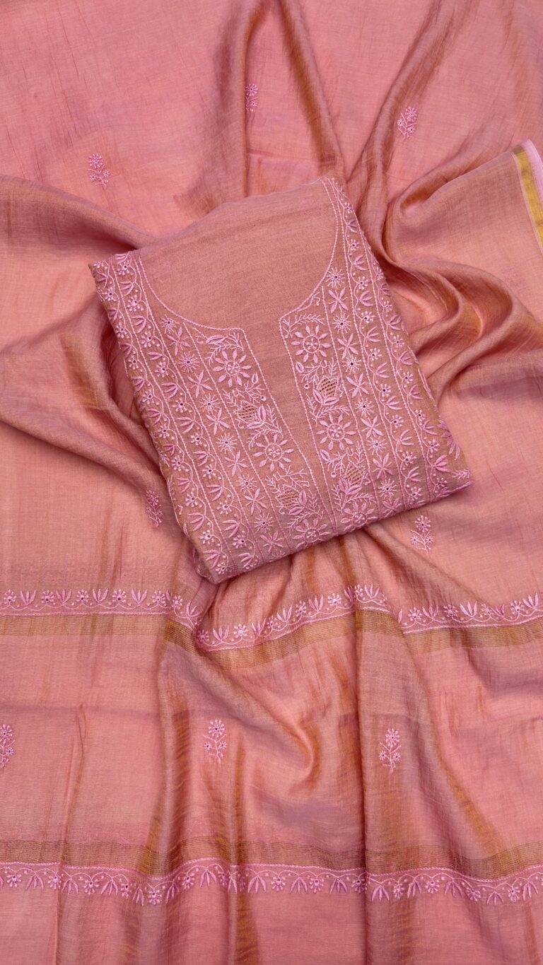 dusty pink tissue chikankari fabric set