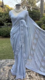 POWDER BLUE PURE & PREMIUM GEORGETTE CHIKANKARI SAREE & BLOUSE