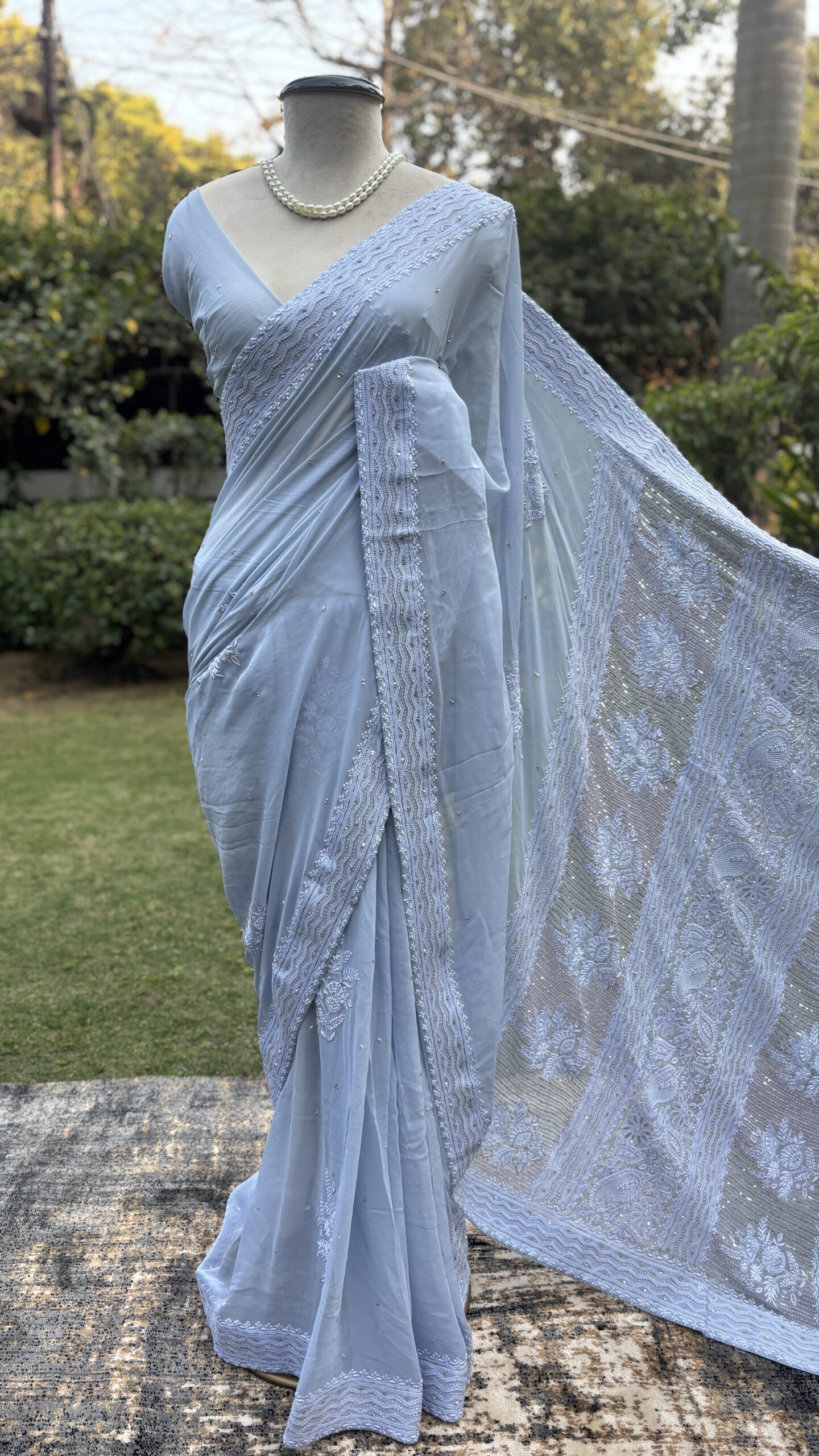 IMG_7153.JPG POWDER BLUE PURE & PREMIUM GEORGETTE CHIKANKARI SAREE & BLOUSE - Image 1