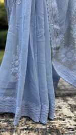 POWDER BLUE PURE & PREMIUM GEORGETTE CHIKANKARI SAREE & BLOUSE - Image 3