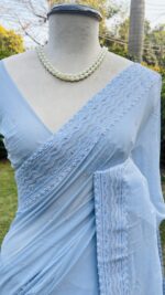 POWDER BLUE PURE & PREMIUM GEORGETTE CHIKANKARI SAREE & BLOUSE - Image 2