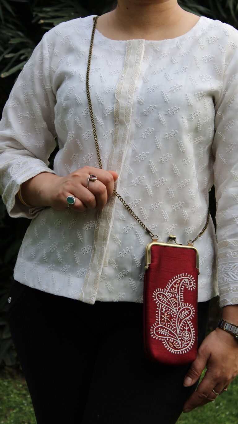 maroon chikankari mobile pouch