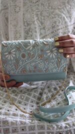 LIGHT TEAL CHIKANKARI CLUTCH - Image 2