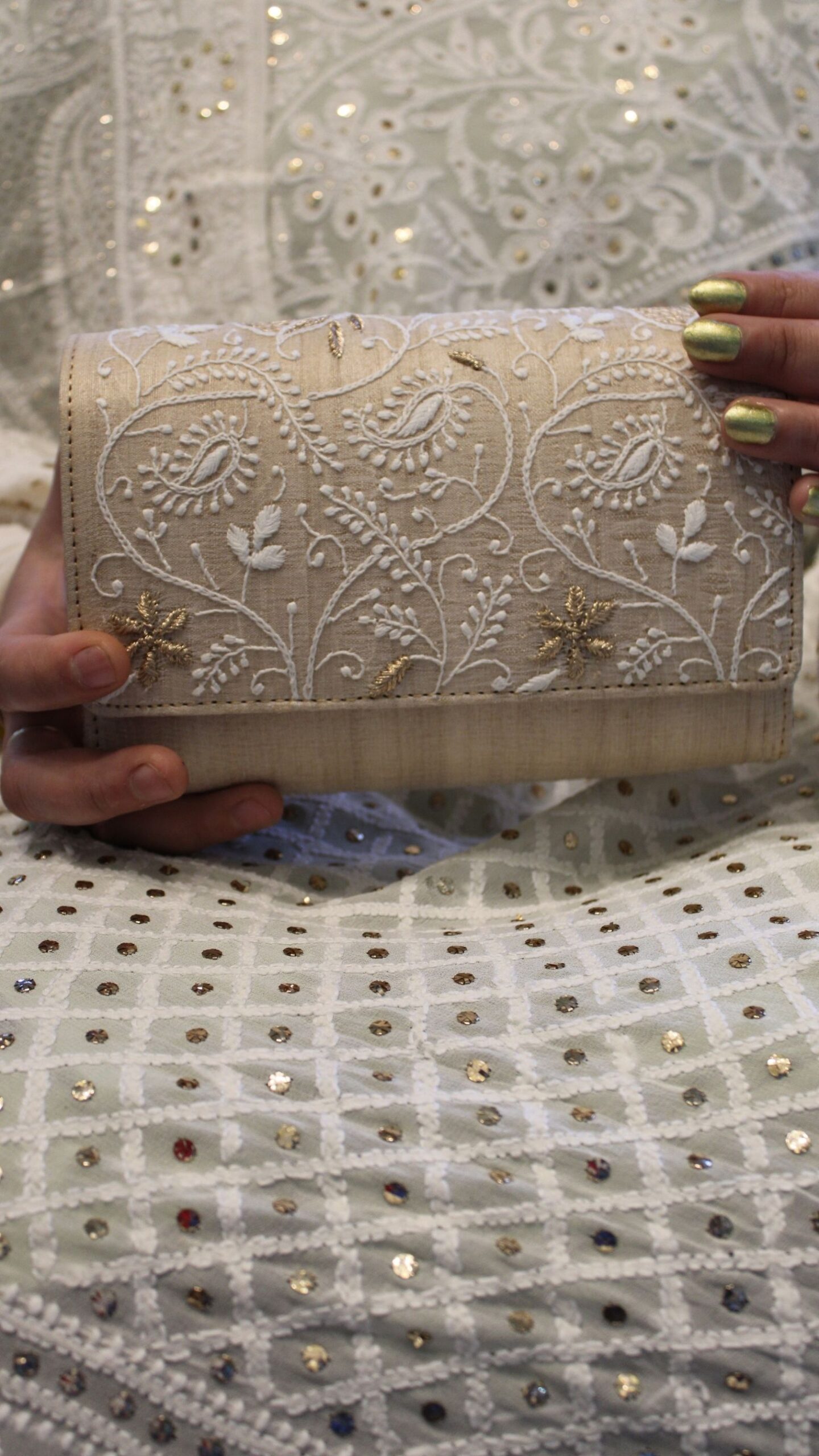 15 BEIGE CHIKANKARI CLUTCH - Image 1