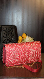 CRIMSON RED CHIKANKARI CLUTCH - Image 3
