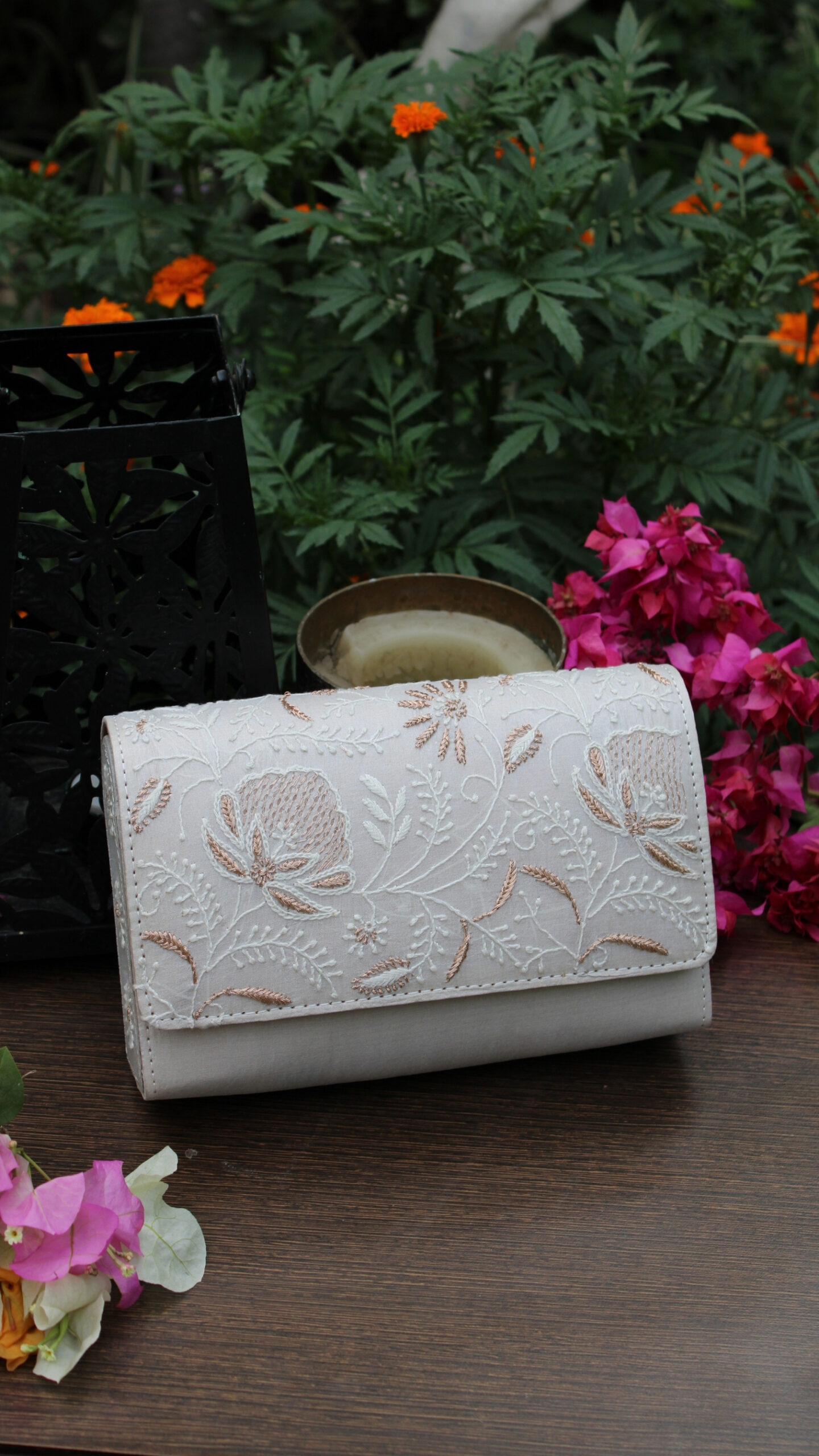 19 SILVER GREY CHIKANKARI CLUTCH - Image 1