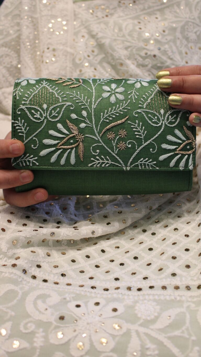 bottle green chikankari clutch