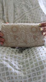 BEIGE CHIKANKARI CLUTCH