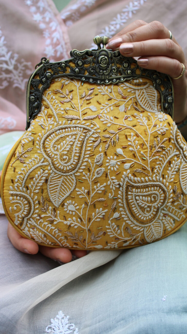mustard chikankari clutch