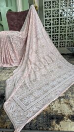 PEACH PURE & PREMIUM GEORGETTE CHIKANKARI & MUKAISH SAREE & BLOUSE - Image 5