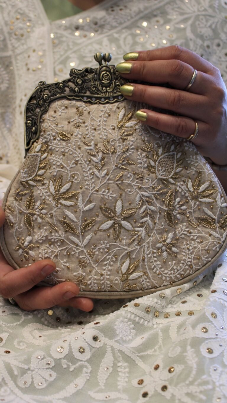 beige chikankari clutch
