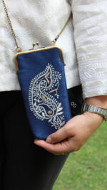 DENIM BLUE CHIKANKARI MOBILE POUCH - Image 2