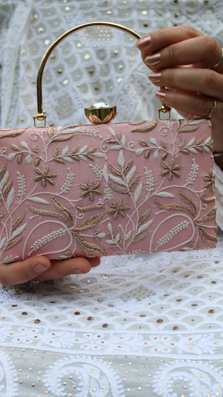 pink chikankari clutch