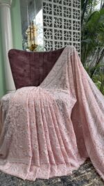 PEACH PURE & PREMIUM GEORGETTE CHIKANKARI & MUKAISH SAREE & BLOUSE