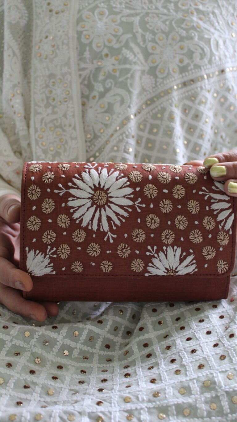 brown chikankari clutch
