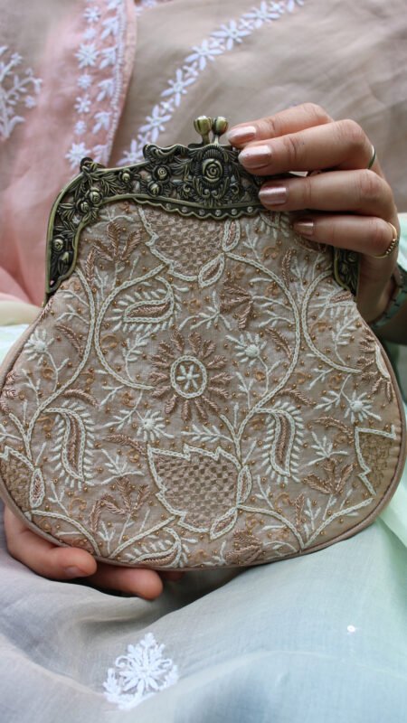 champagne chikankari clutch