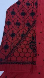 RED & BLACK CHANDERI MUL CHIKANKARI ANARKALI & DUPATTA SET - Image 4