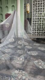 GRAY PURE & PREMIUM ORGANZA CHIKANKARI & MUKAISH SAREE & BLOUSE - Image 5
